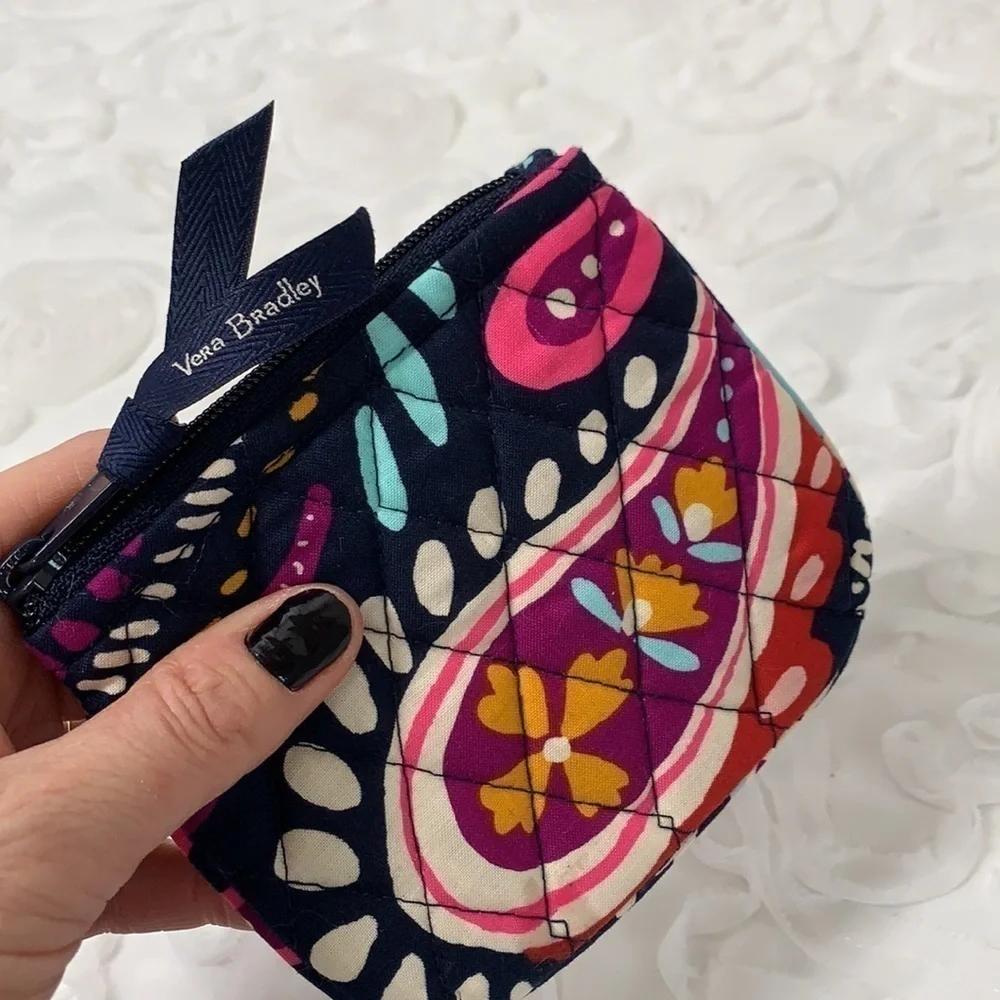 Vera Bradley Small Quilted Zip Pouch-Navy Blue/Purple/Pink /White, 5”x4”
